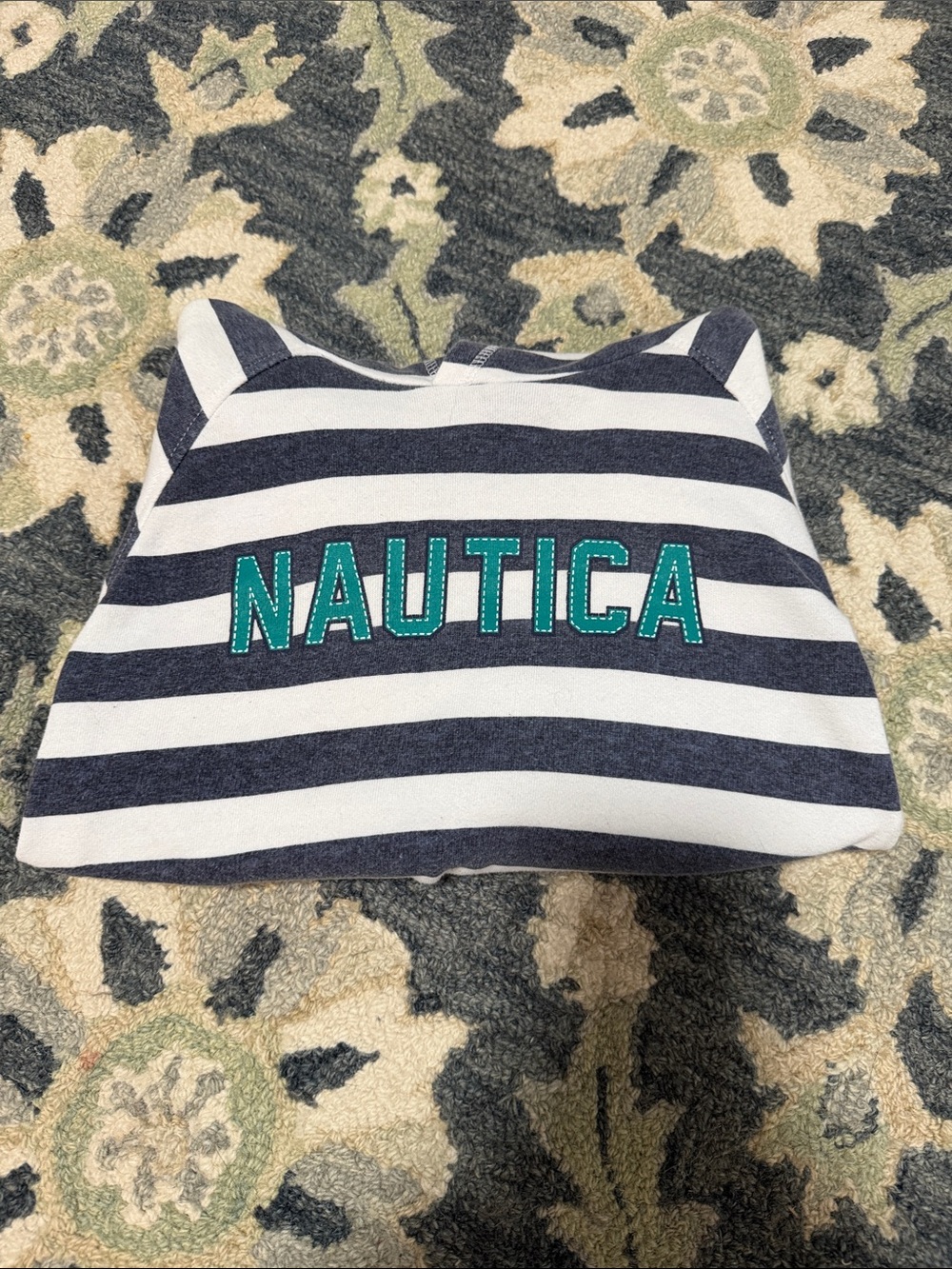 Nautica Navy and White Striped Hoodie with Teal Logo